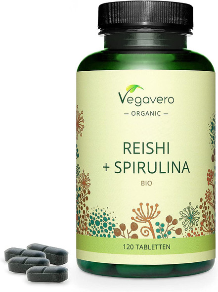 Reishi & Spirulina Vegavero® | 100% Organic | 2000 mg | with Phycocyanin and Polysaccharides | 120 Vegan Tablets | Alga Spirulina with Ganoderma Lucidum Extract