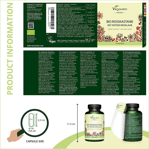 Horse Chestnut Extract Vegavero® | 100% Organic | with Red Vines & Acerola Cherry | 120 Vegan Capsules | NO Additives | Circulation & Varicose Veins Support | Aesculus hippocastanum