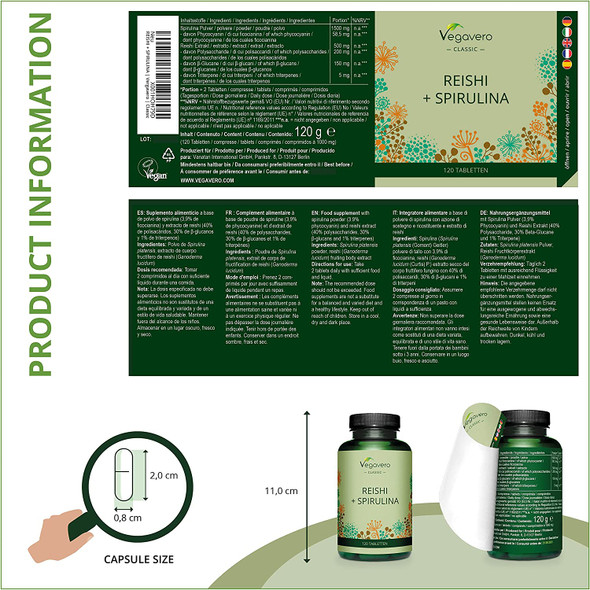 Reishi & Spirulina Vegavero® | 2000 mg | NO Additives | with Phycocyanin and Polysaccharides | 120 Vegan Tablets | Alga Spirulina with Ganoderma Lucidum Extract