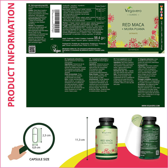 RED MACA Root + Muira PUAMA Vegavero® | 5000mg (10:1) Extract | Libido Booster Supplements | Peruvian Ginseng + Potency Wood | 120 Capsules | No Additives | Vegan