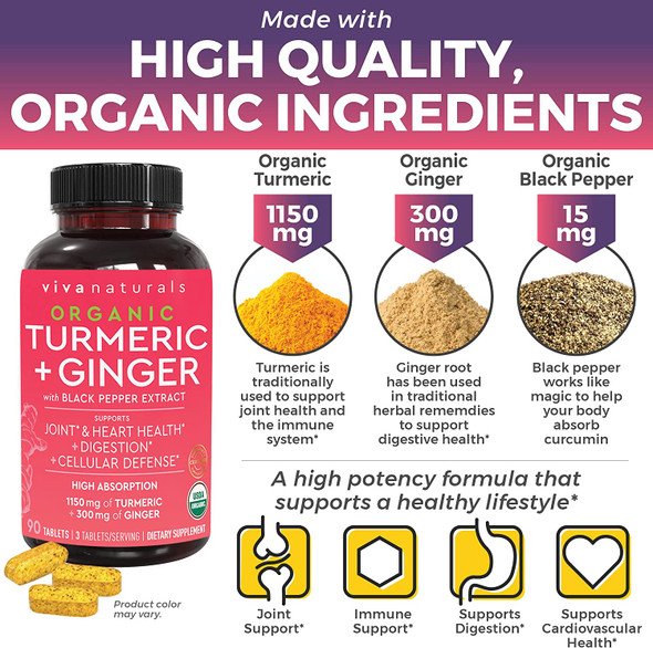 Organic Turmeric Curcumin Supplement with Black Pepper and Ginger and Elderberry, Vitamin C, Zinc and Vitamin D3 5000 IU Bundle for Joint Support, Immune Support, Heart Health and Digestive Health