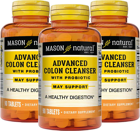 Mason Natural Advanced Colon Cleanser with Probiotic, Calcium, Cascara Sagrada and Aloe Vera - Improved Digestive Health, Healthy Bowel Function & Detoxification, 90 Tablets (Pack of 3)