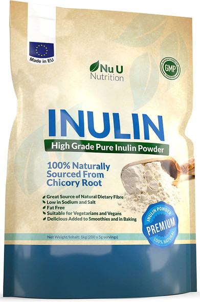 Inulin High Grade Prebiotic Fibre Powder 1kg | Made in EU from All Natural Chicory Root (Fructo Oligo Saccharide (FOC)) | in Resealable Pouch by Nu U Nutrition