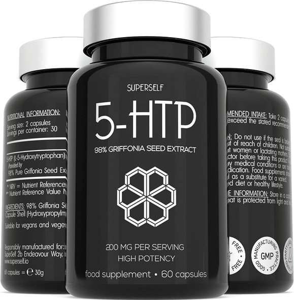 5HTP High Strength 200mg - 5 HTP Supplement 60 Capsules - 200mg 5-HTP Serving from Pure & Undiluted 1:1 Griffonia Seed Extract - Vegan