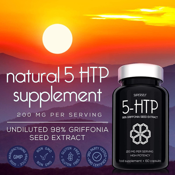 5HTP High Strength 200mg - 5 HTP Supplement 60 Capsules - 200mg 5-HTP Serving from Pure & Undiluted 1:1 Griffonia Seed Extract - Vegan