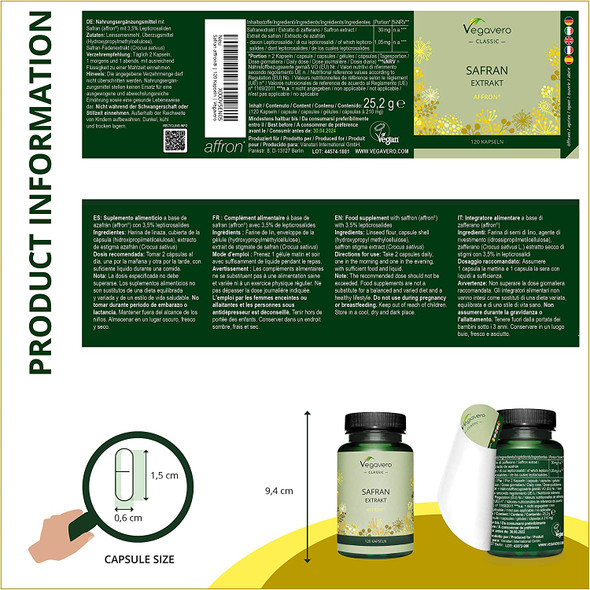 Saffron Extract Vegavero® | Affron® with 3.5% Safranal & Crocin | 120 Capsules | Premium Crocus Sativus Supplement | Lab-Tested & Vegan