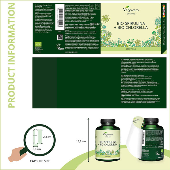 Spirulina & Chlorella 2000mg Vegavero® | 100% Organic | 240 Vegan Capsules | Pure Powder Without Additives
