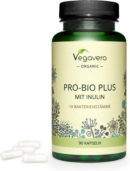 Probiotics & Prebiotics Vegavero® | 100% Organic | 10 Strains (Lactobacillus + Bifidobacterium) | 4 Billion Active Bacteria & Inulin from Agave | 90 Vegan Capsules | No Additives