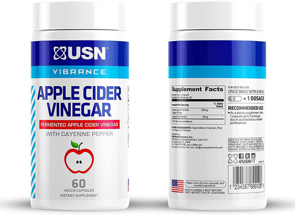 USN Vibrance Series Apple Cider Vinegar Supplement Capsules with Cayenne Pepper & Fermented Apple Cider Vinegar for Immune Support & Gut Health- 60 Veggie Capsules (Pack of 1)