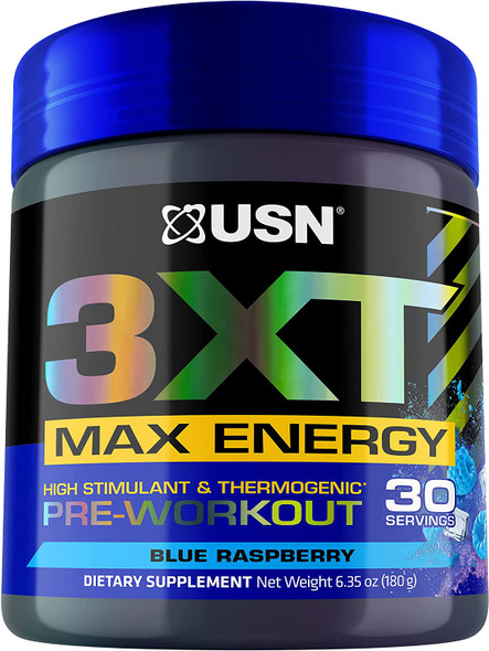 USN 3XT Max Energy Pre-Workout Supplement Powder for Energy, Endurance, and Pump, Preworkout Drink Mix, Nitric Oxide, Citrulline, Caffeine, Zero Creatine, Blue Raspberry (30 Servings)