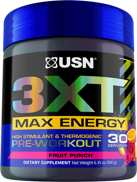 USN 3XT Max Pre-Workout Supplement Drink Mix Powder for Energy, Endurance and Pump, Nitric Oxide, Citrulline, Caffeine, Zero Creatine, Fruit Punch, 6.3493 Oz