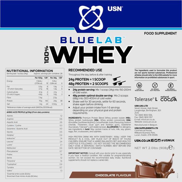 USN Blue Lab Whey Protein Powder: Chocolate - Whey Protein 908g - Post-Workout - Whey Isolate - Muscle Building Powder Supplement With Added BCAAs Chocolate 2 Pounds