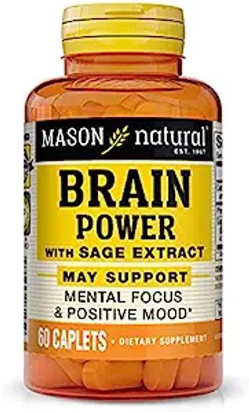 Mason Natural Brain Power With Sage Extract And Calcium - Optimize Mental Focus And Alertness, For A Positive Mood, Specialty Formula, 60 Caplets