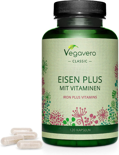 Iron Supplement Vegavero® | 14 mg | with Vitamin C & B Vitamins | 120 Vegan Capsules | NO Additives