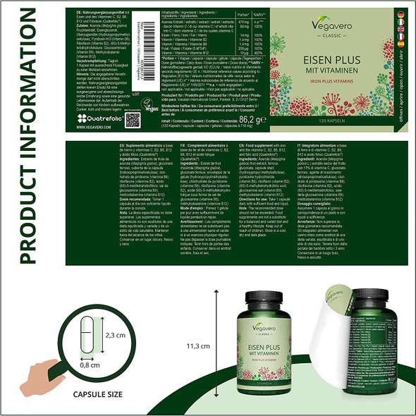 Iron Supplement Vegavero® | 14 mg | with Vitamin C & B Vitamins | 120 Vegan Capsules | NO Additives