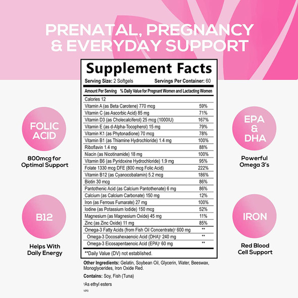 Prenatal Vitamin with DHA - Pregnancy Vitamins for Women - Nature's Daily Multivitamin Supplement with Vitamin A, C, D3, B12, Folate, Omega-3, Iron & Zinc, Non-GMO - 120 Softgels