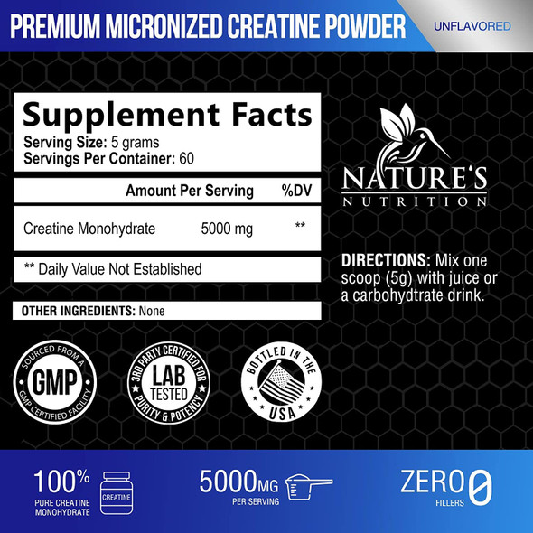 Creatine Monohydrate Micronized Powder 5000mg Per Serv (5g) - Keto Friendly Workout Supplement, Pure Unflavored, Vegan, Nature's Creatine Pre Workout Supplements - 300 Grams - 60 Servings