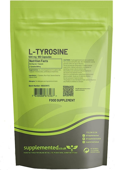 L-Tyrosine 500Mg Supplement 180 Capsules. Pharmaceutical Grade