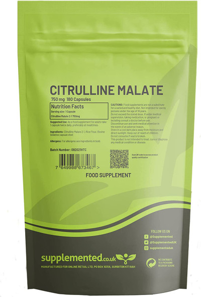 Citrulline Malate 750mg 2:1 180 Capsules High Strength UK Made. Pharmaceutical Grade Amino Acid Supplement