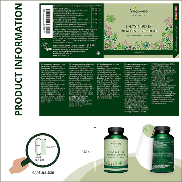 L-Lysine 1000mg Vegavero® | NO Additives | Synergistic Formula with Green Tea and Lemon Balm Extracts | 180 Vegan Capsules