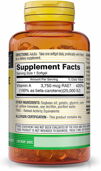 Mason Natural Vitamin A Beta Carotene 25,000 IU - Supports Healthy Vision, Cell Function & Immune Function, 100 Softgels (Pack of 3)