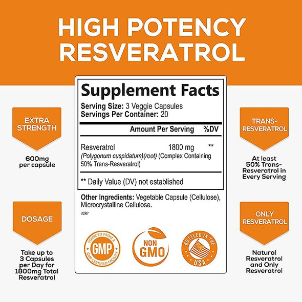 Resveratrol 1800Mg Per Serving - Supports Healthy Aging & Natural Heart Support With Antioxidants - Extra Strength Trans-Resveratrol Supplement For Men & Women - Bottled In Usa - 120 Capsules