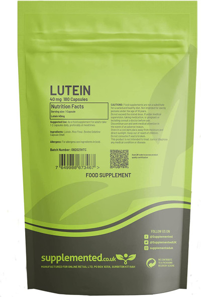 Lutein 40mg 90 Capsules - Eye Supplement UK Made. Pharmaceutical Grade Vision Supplement for Eyes
