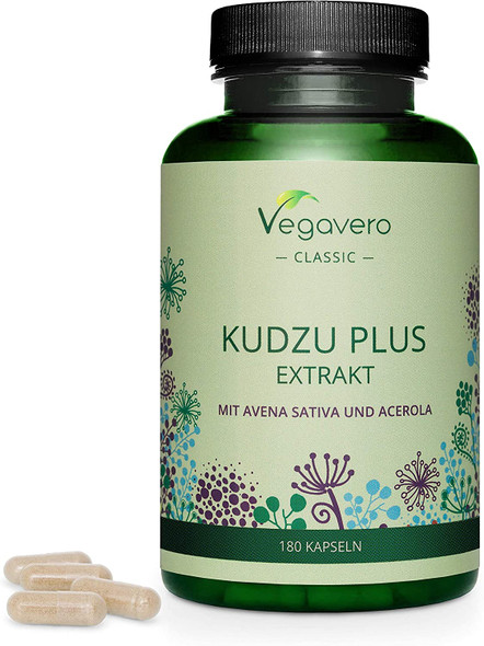 Kudzu Plus Vegavero® | High Strength Root Extract | 8% Isoflavones | 180 Capsules (3 Months Supply) | 600 mg with Avena Sativa (Oat Extract) & Vitamin C | Vegan & NO Additives