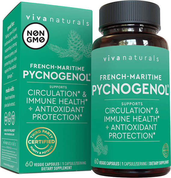 Viva Naturals Pycnogenol 100mg from French Maritime Pine Bark Extract - Healthy Blood Circulation Supplements, Powerful Antioxidant Protection, Joint Support and Immune Support (60 Veggie Capsules)