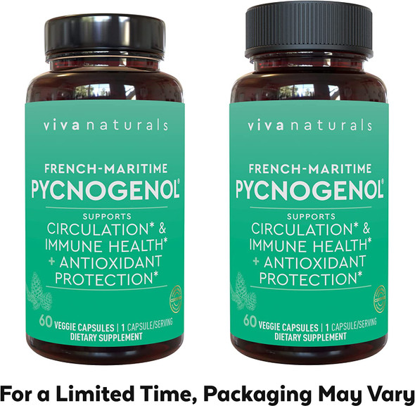 Viva Naturals Pycnogenol 100mg from French Maritime Pine Bark Extract - Healthy Blood Circulation Supplements, Powerful Antioxidant Protection, Joint Support and Immune Support (60 Veggie Capsules)