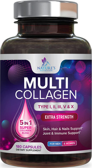 Multi Collagen Pills 1000mg - Extra Strength Hydrolyzed Collagen - Advanced Peptides Complex 5-in-1 Types I, II, III, V, X - Supports Healthy Skin, Hair, Nails & Joints Supplement - 180 Capsules