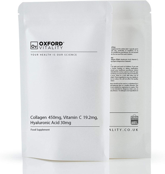Collagen 450mg, Vitamin C 19.2mg, Hyaluronic Acid 30mg Capsules | Bones & Skin, Iron Absorption | Oxford Vitality (120)