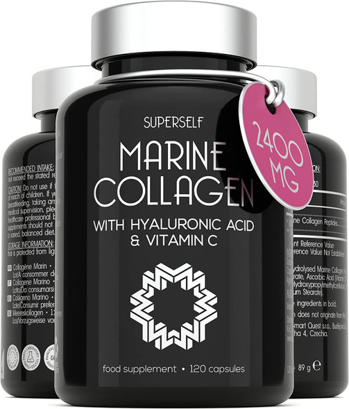 Marine Collagen Supplement 2400mg - 120 Capsules with Hyaluronic Acid and Vitamin C - Premium Type 1 Hydrolysed Collagen Tablets for Women and Men - High Strength Complex for Skin Bones Joints