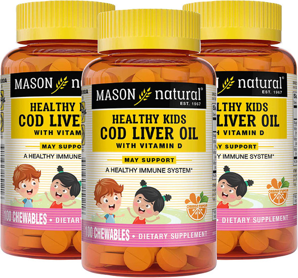 MASON NATURAL Kids Cod Liver Oil with Vitamin A, C & D - Improved Immunity, Healthy Heart and Brain Function, Supports Overall Health, Orange Flavor, 100 Chewables, 3 Count