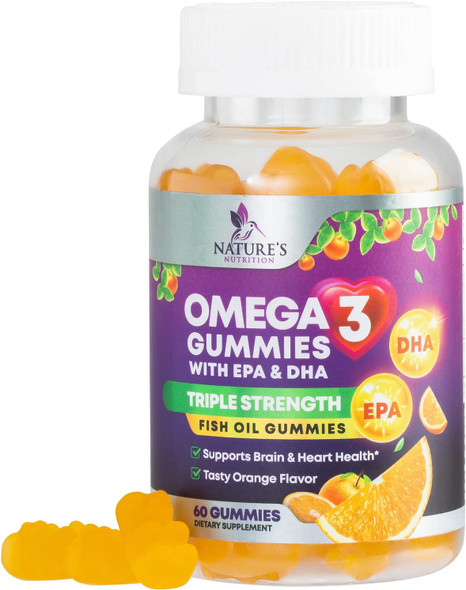 Omega 3 Fish Oil Gummies - Extra Strength EPA & DHA Omega-3 Fatty Acids - Orange Flavor, Natural Brain, Heart and Joint Support, 150 mg, Gummy Vitamin for Men & Women & Adults - 60 Gummies