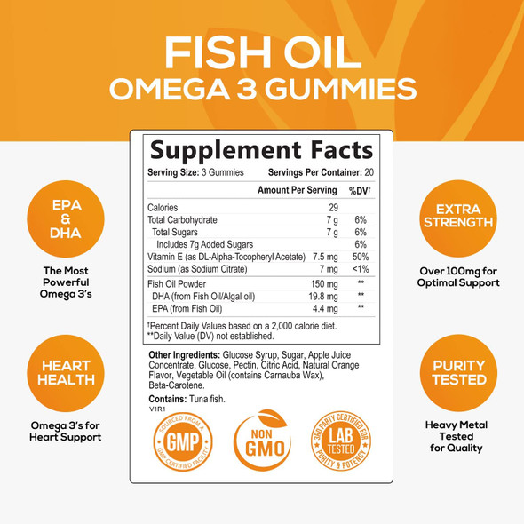 Omega 3 Fish Oil Gummies - Extra Strength EPA & DHA Omega-3 Fatty Acids - Orange Flavor, Natural Brain, Heart and Joint Support, 150 mg, Gummy Vitamin for Men & Women & Adults - 60 Gummies