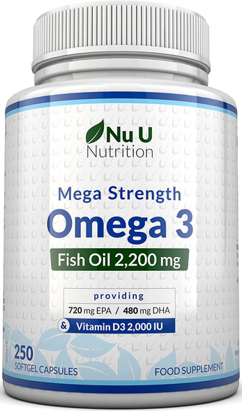 Omega 3 Fish Oil 2200mg & Vitamin D3 2000IU  250 Capsules Over 4 Months Supply  720mg EPA & 480mg DHA per Serving High Strength 1100mg Fish Oil per Capsule