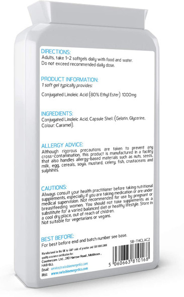 Conjugated Linoleic Acid - 1000mg CLA, 90 softgels  80% Active Isomer Natural CLA from Safflower Oil - Manufactured in The UK  No Mixers  No Binders  No fillers  No GMOs