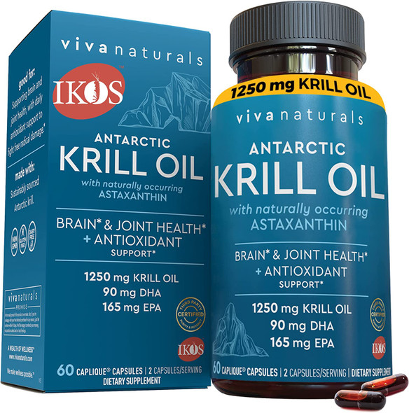 Antarctic Krill Oil 1250 mg, Omega 3 EPA DHA and Astaxanthin, Joint Support and Brain Supplement with Antioxidant Properties, No Fishy Aftertaste, 60 Capsules