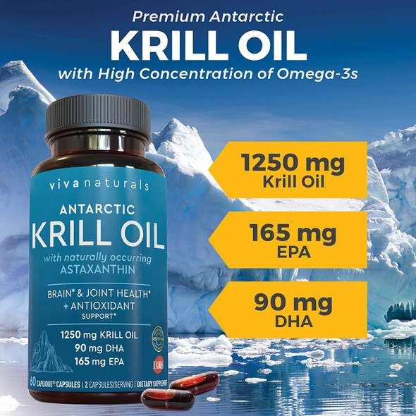 Antarctic Krill Oil 1250 mg, Omega 3 EPA DHA and Astaxanthin, Joint Support and Brain Supplement with Antioxidant Properties, No Fishy Aftertaste, 60 Capsules