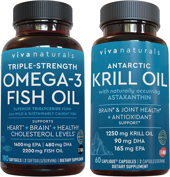 Antarctic Krill Oil and Triple-Strength Omega 3 Fish Oil Bundle, 1250 mg Krill Oil & 2,200 mg Fish Oil Per Serving Providing Omega 3 EPA and DHA