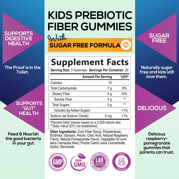 Kids Fiber Gummies - Sugar Free & 4g per Serving - Natural Prebiotic Fiber Supplement Supports Digestive Health & Supports Regularity - Delicious Berry Flavor Gummy - 60 Gummies