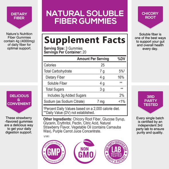 Fiber Gummies Dietary Fiber Supplement for Regularity and Digestive Health Support - Natural Prebiotic Fiber for Adults - Strawberry Fruit Flavor - Non-GMO, Gluten Free, Vegan - 60 Gummies
