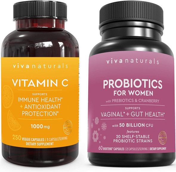 Viva Naturals Vitamin C 1000mg (250 Capsules) and Probiotics for Women 50 Billion CFU + 20 Strains (60 Capsules) Bundle