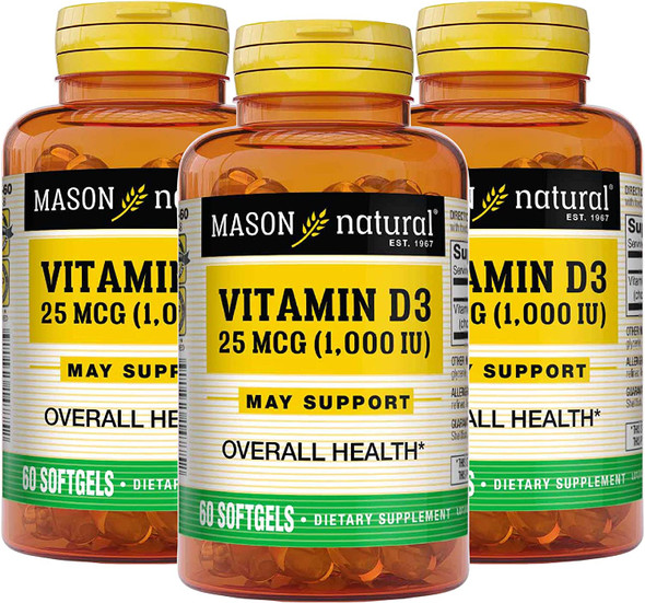Mason Natural Vitamin D3 25 Mcg (1000 Iu) - Supports Overall Health, Strengthens Bones And Muscles, From Fish Liver Oil, 60 Softgels (Pack Of 3)