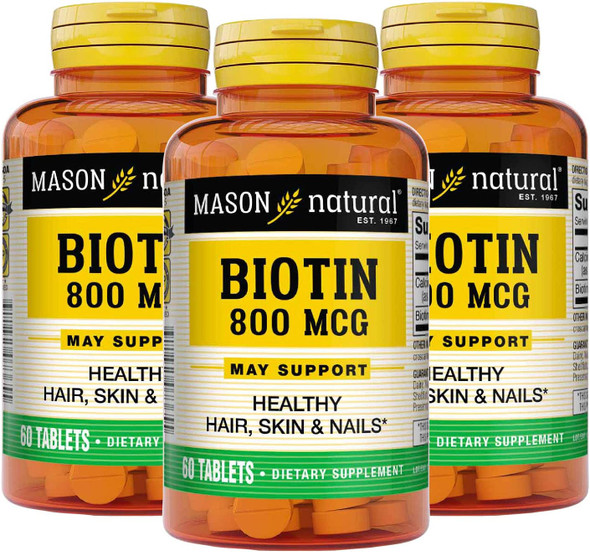 Mason Natural 800 Mcg Tablets, Dietary Supplement, Support And Strengthens Healthy Hair And Nails Biotin, 60 Count, Pack Of 3