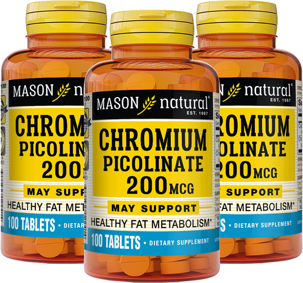 Mason Natural Chromium Picolinate 200 mcg with Calcium - Healthy Metabolism, for Overall Health, 100 Tablets (Pack of 3)