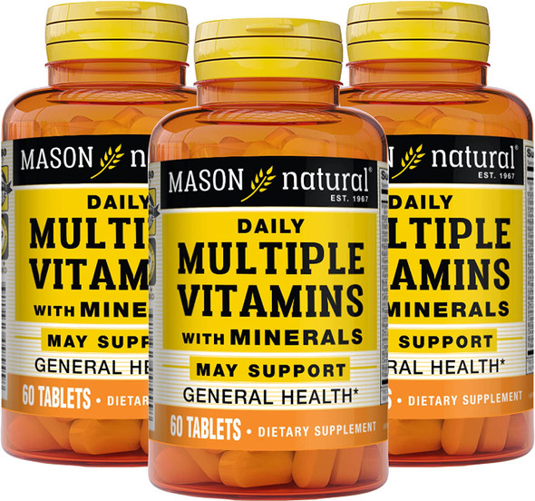 Mason Natural Daily Multiple Vitamins with Minerals - 24 Essential Vitamins and Minerals, All in One Multivitamin, Supports Overall Health, 60 Tablets (Pack of 3)