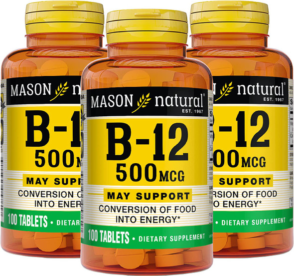 Mason Natural Vitamin B12 500 mcg with Calcium - Healthy Conversion of Food into Energy, Supports Nerve Function and Health, 100 Tablets (Pack of 3)