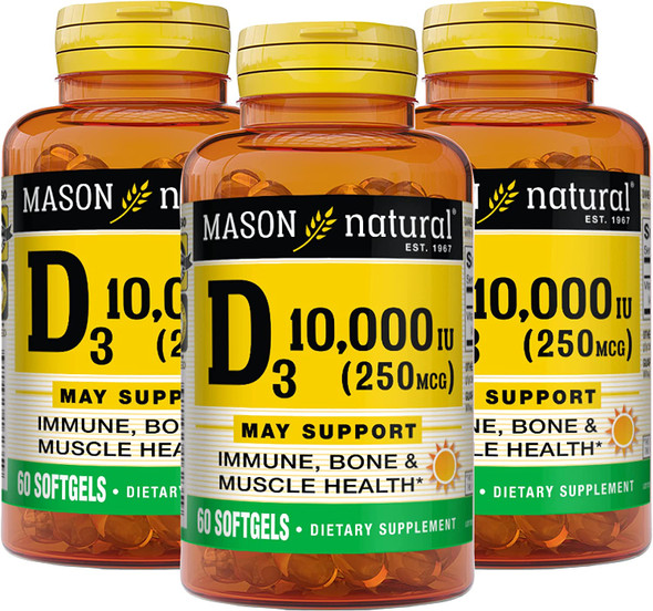 Mason Natural Vitamin D3 250 mcg (10000 IU) - Supports Overall Health, Strengthens Bones and Muscles, from Corn Oil, 60 Softgels (Pack of 3)